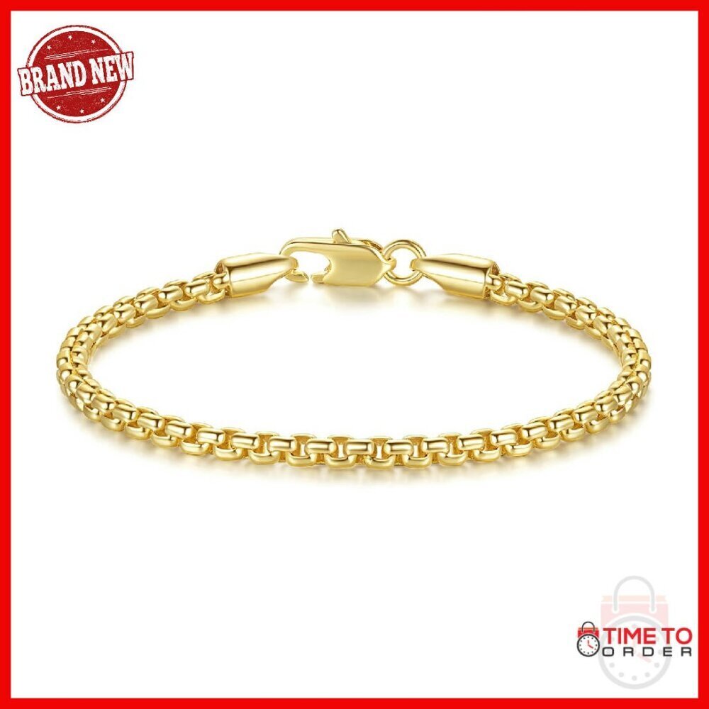 14K Gold Box Chain Bracelet 8 Inches Hypoallergenic Lobster Clasp